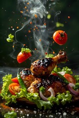 Wall Mural - Flavorful crispy chicken, cooked just right, served warm and highly appetizing, with a side of sliced onions, sliced chilies, sliced peppers, and sliced tomatoes, elegantly served on wood.