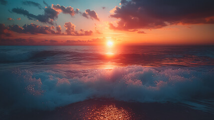 The sun is setting over the ocean, casting a warm glow on the water