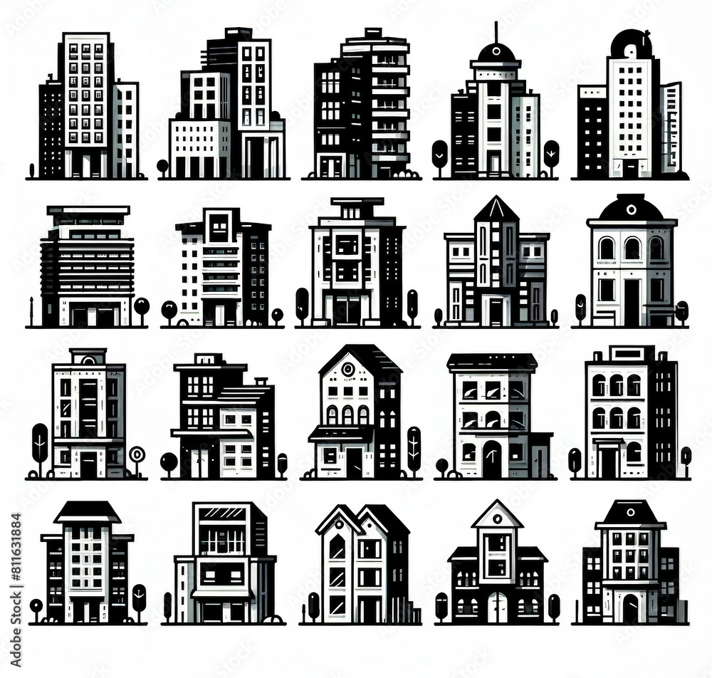 Collection of Black and White Building Icons for Urban Design and ...