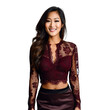 © SuperPixel Inc - Front view mid body shot of a beautiful Asian woman dressed in a regal burgundy lace top and a black mermaid skirt, Smiling isolated on a white background