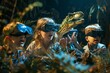 Group of children wearing virtual glasses, interacting with a lifelike dinosaur in a virtual prehistoric setting