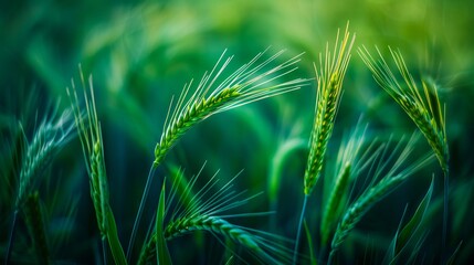 A close up of green wheat in a field.