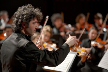 Wall Mural - A man with curly hair intensely plays the violin with focus