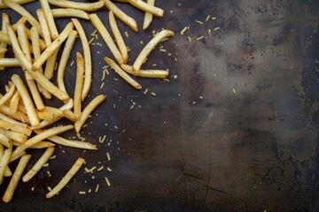 Wall Mural - A pile of crispy golden French fries artfully arranged on a tabletop, ready to be enjoyed