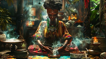 A woman in a traditional african outfit sitting on a table with pots and bowls.