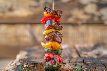 Wall Mural - A closeup of a stack of skewers filled with assorted meat and colorful vegetables on a rustic wooden table