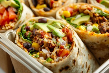 Canvas Print - A tray filled with traditional Mexican burritos topped with a variety of meat and fresh vegetables