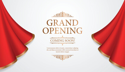 Realistic grand opening invitation banner with red curtains, golden elements and 3d editable text effect