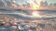 Coastal Tranquility A Serene Sunset Scene of Waves Gently Lapping at a Sandy Shore Adorned with