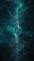 a sophisticated vertical design of cyan and teal lines intertwined, creating a digital mesh over a d