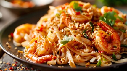 An enticing close-up of a plate of spicy shrimp pad Thai