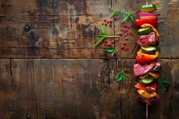 Wall Mural - Overhead view of a skewer consisting of meat and various vegetables skewered on a stick, displayed on a wooden table