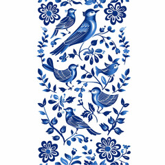 Wall Mural - Blue and white traditional folk art pattern with birds, seamless vertical border set isolated on transparent background cutout PNG vector file
