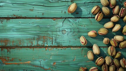 Wall Mural - Green wooden background with pistachios