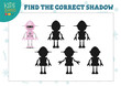 Find the correct shadow for cute cartoon robot educational preschool kids mini game. Vector illustration with 4 silhouettes for shadow matching quiz