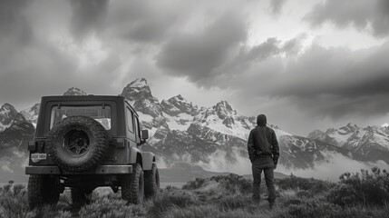 A man stands on a mountain top next to a Jeep