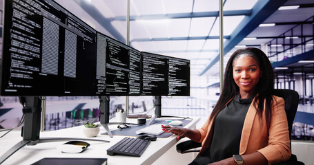 African American Coder Using Computer At Desk
