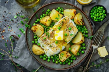 Wall Mural - A plate featuring a serving of cod fish alongside potatoes, peas, and a dollop of butter in a rustic setting