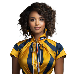 Front view mid shot of a beautiful black woman in a cobalt blue and bright yellow color-blocked dress, smiling, isolated on a white transparent background