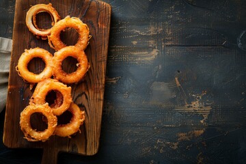 Poster - Top-down view of a wooden cutting board topped with crispy onion rings, ideal for food preparation or cooking