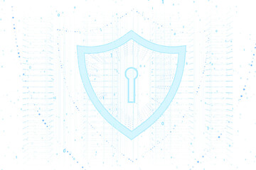 Wall Mural - Digital shield with keyhole surrounded by binary code on a light blue background, indicating data protection concept