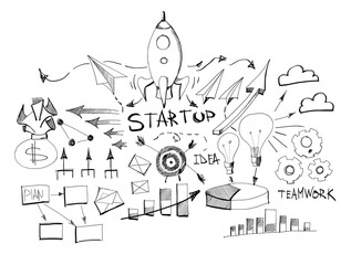 Aufkleber - Hand-drawn sketches depicting startup concepts, including a rocket, graph, idea lightbulbs, on a white background, conveying creativity and planning
