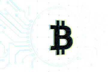 Poster - A digital Bitcoin symbol with circuitry design elements on a white and blue technological background, concept of cryptocurrency