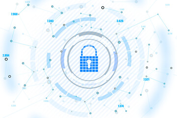 Leinwandbilder - Abstract cyber security concept with a padlock icon, network data and dynamic lines on a light blue background