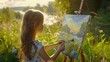 A young artist is painting a picture in a meadow, surrounded by a beautiful natural landscape. The grassland provides the perfect backdrop for her artistic expression AIG50