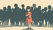 Portrait of girl holding baby doll, standing lonely among the crowd in comic style illustration.