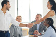 Business, people and shaking hands in meeting for welcome greeting to corporate career, job and recruitment or hiring. Man, woman and handshake for b2b partnership deal, proposal and work agreement.