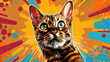 Portrait of bengal cat in comic style illustration.