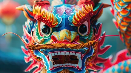 A close-up of a vibrantly colored traditional Chinese dragon mask, perfect for a phone background with a touch of cultural flair