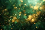 Fototapeta  - Abstract blur bokeh banner background. Gold bokeh on defocused emerald green background