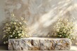 Cosmetic product mockup with natural beige stone pedestal and small white flowers