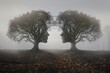 Two autumn trees in the shape of human profiles looking at each other
