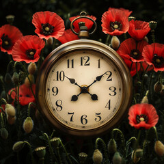 Wall Mural - Timeless clock encircled by poppies, marking moments of Memorial Day silence and remembrance.