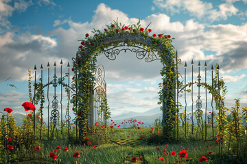 Wall Mural - Memorial Day gate with poppies and vines welcomes fallen souls.