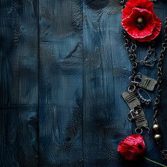 Wall Mural - Memorial Day vignette featuring a red poppy and military dog tags on dark blue wood.