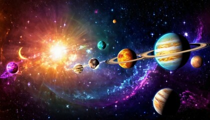 Wall Mural - Abstract celestial alignment background with planets and celestial bodies in motion.