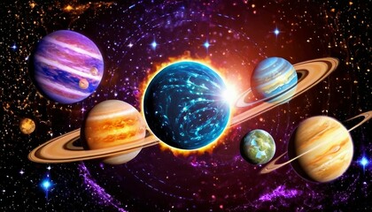 Wall Mural - Abstract celestial alignment background with planets and celestial bodies in motion.