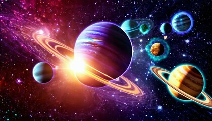 Wall Mural - Abstract celestial alignment background with planets and celestial bodies in motion.