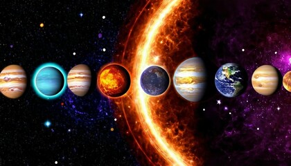 Wall Mural - Abstract celestial alignment background with planets and celestial bodies in motion.