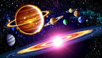 Wall Mural - Abstract celestial alignment background with planets and celestial bodies in motion.