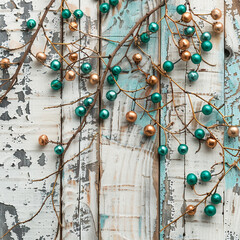 Wall Mural - Memorial Day tableau with emerald and copper berries on rustic white wood.