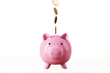 Wall Mural - A pink piggy bank with coins falling into the slot, set against a white background, representing savings concept