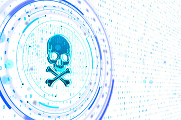 Wall Mural - A digital illustration of a glowing blue skull and crossbones symbol with futuristic interface elements on a background with binary code