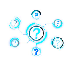 Wall Mural - A network of question marks within circles connected by lines, in a modern infographic style, against a white background, conveying a concept of inquiry or FAQ