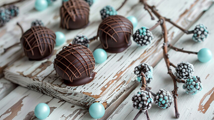 Wall Mural - Chocolate and aqua berries elegantly arranged on whitewashed wood  Memorial Day.