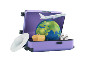 An open purple suitcase with a model globe, airplane, hat, flip flops, and passports on a white background, concept of travel and vacation